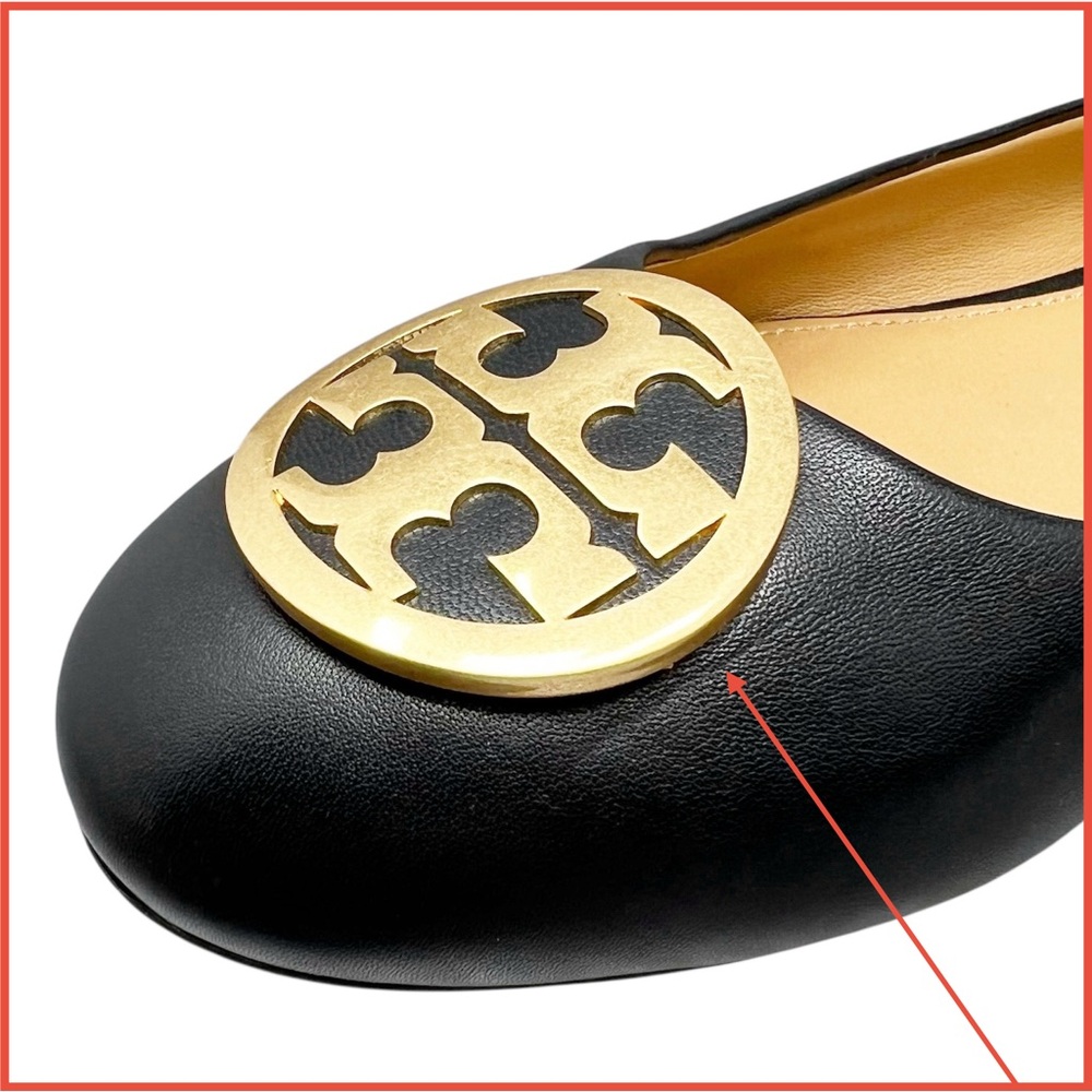 Tory Burch Black Ballet Flats Size 12 Leather with Gold Logo Emblem Shoes - Picture 5 of 13